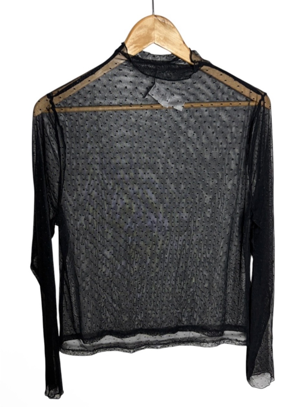 Black mesh mock neck Swiss dot long sleeve sheer blouse size XL